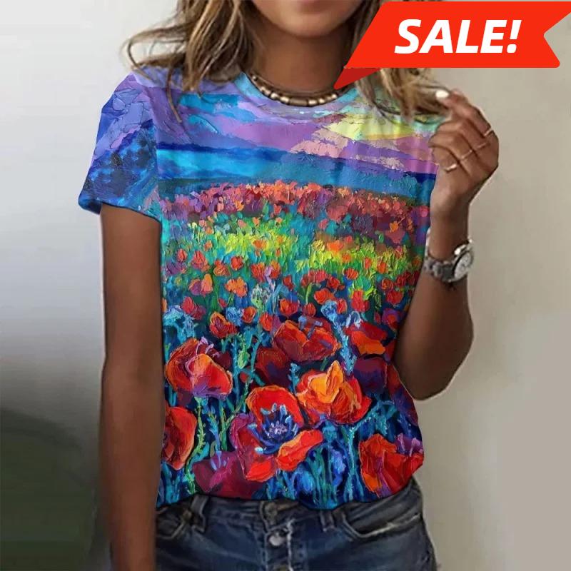 

Женская футболка с рисунком деревьев и цветов, с 3D-принтом, с короткими рукавами, летняя, повседневная, свободного кроя, уличная, с круглым вырезом XL