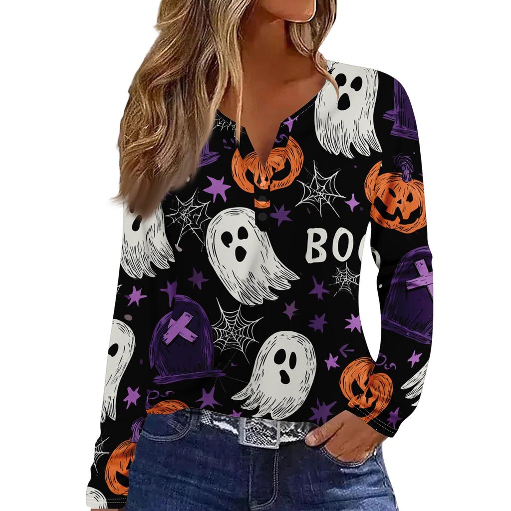 Women's Halloween Print V-Neck Long Sleeve T-Shirt with Button for Casual Holiday Wear