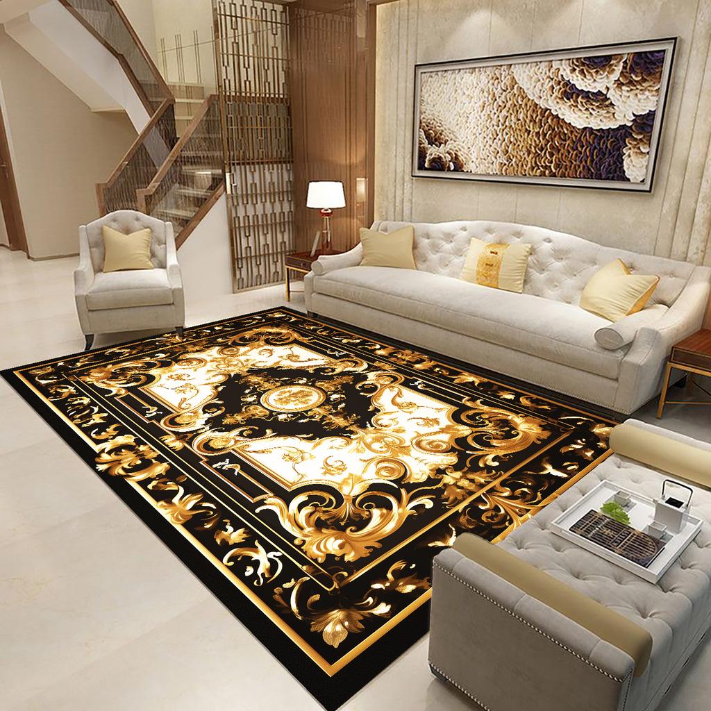 Goldener Schwarzer Teppich für Wohnzimmer Luxus Große Fläche Dekoration Bodenmatte Moderne Teppiche Rutschfest Weich Waschbar Schlafzimmer Lounge Teppich