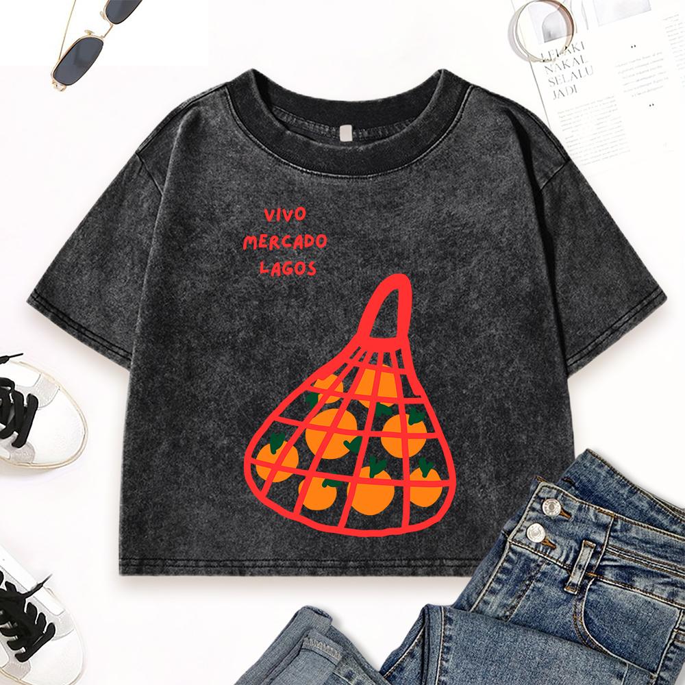 

A Bag Of Fresh Oranges Printing Womens Washed T Shirt Street Short Sleeve Fitness Vintage Tops Crewneck Cotton T-Shirts XL