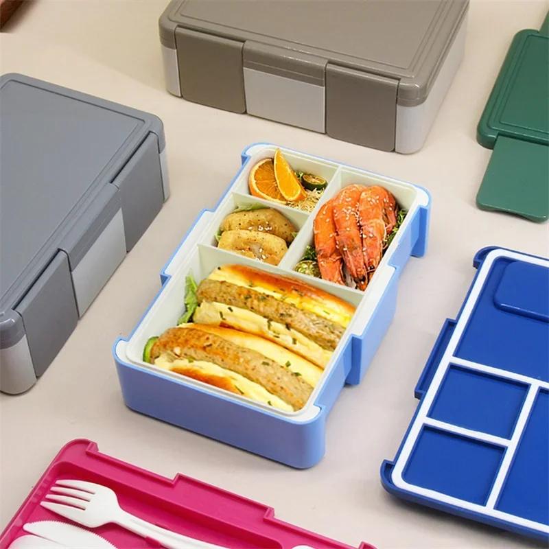 1450ml Bento Box Tragbare 4-Fächer Versiegelte Lunchbox mit Löffel Gabel Mikrowellenheizung Bento Box Kinder Lebensmittel Bento Behälter