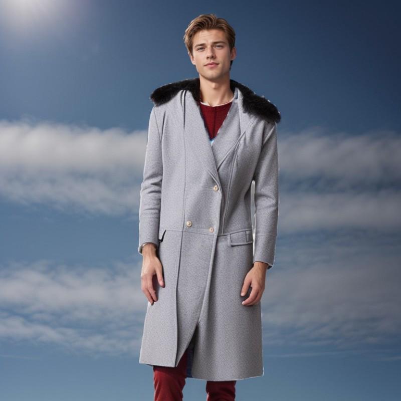 2024 Autumn/Winter European Casual High-Quality Double-Breasted Slim Fit Wool Coat with Fur Collar