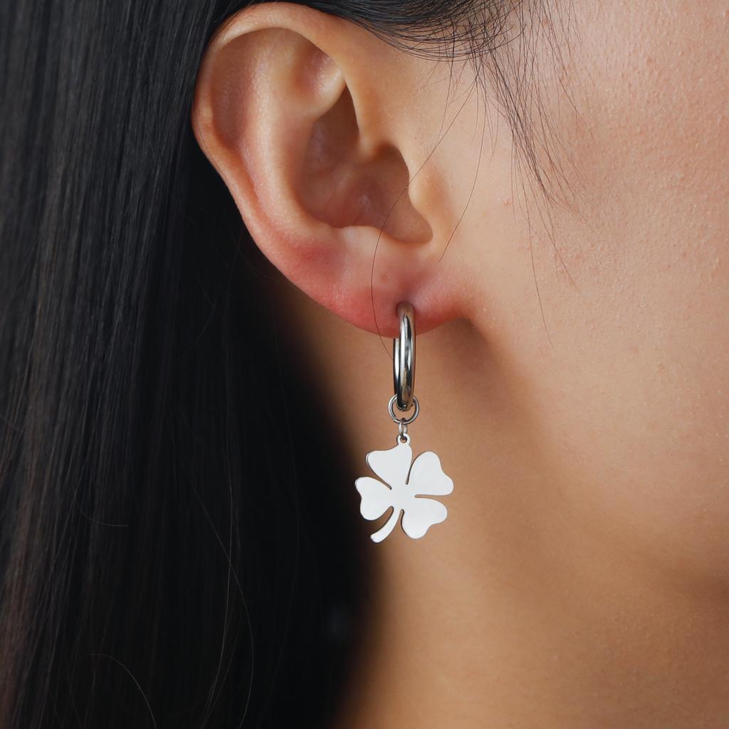 Women Lucky Four-leaf Clover Pendant Drop Earrings Stainless Steel Gold Hoop Earrings Kpop Wedding Jewelry Gift