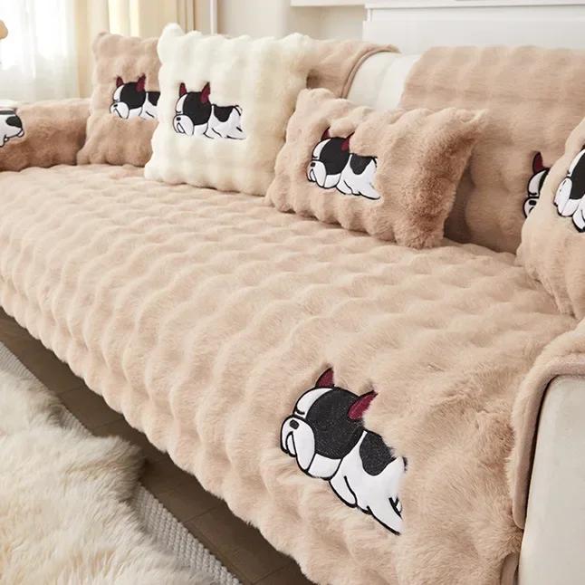 Plush Rabbit Sofa Cover Cloth Towel Winter Thickened Solid Color Sofa Cushion Autumn Winter Anti-Slip Couch Cover Seat Cushion Pad