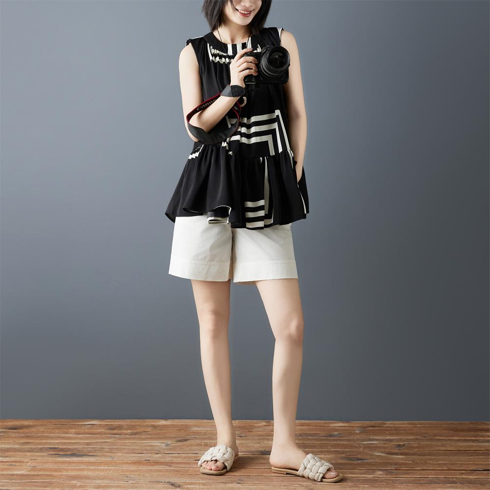 DIMANAF 2026 New Summer Plus Size Women Shirts Tees Casual Loose Blouse Button Sleeveless Lady Tops Pleated Print