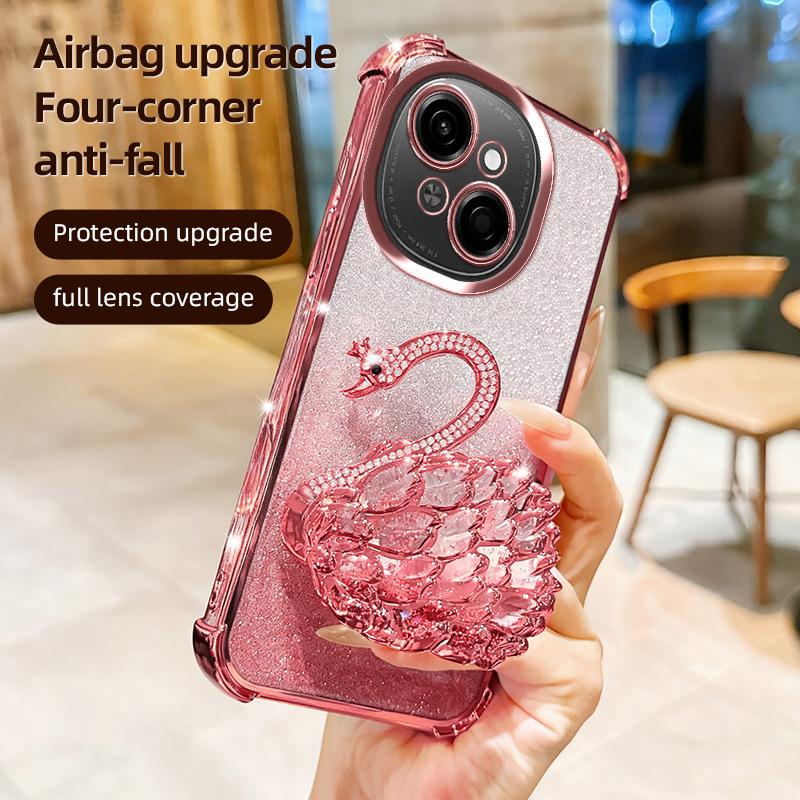 KEYSION Nárazuvzdorné pokovované TPU puzdro na telefón pre TECNO Spark Go 1 1S Go 2025 Trblietavé zdobené labuť so stojanom Zadný kryt pre Pop9 4G