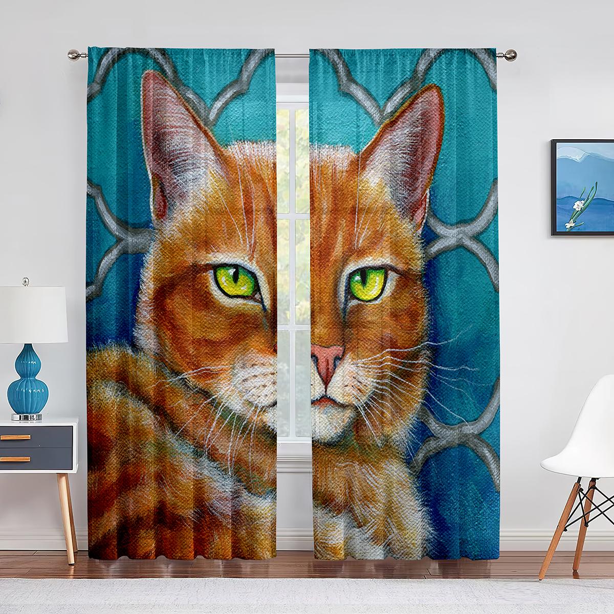 Милый кот акварельная живопись искусство цветочные прозрачные вуали шторы для спальни — фото 4