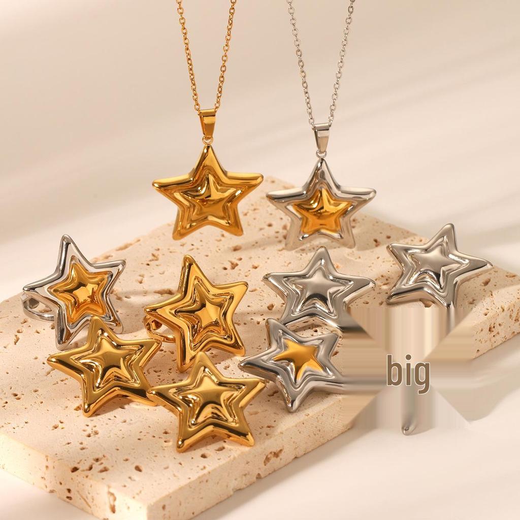 Stainless Steel Gold & Silver Star Pendant Necklace with Open Ring & Star Earrings