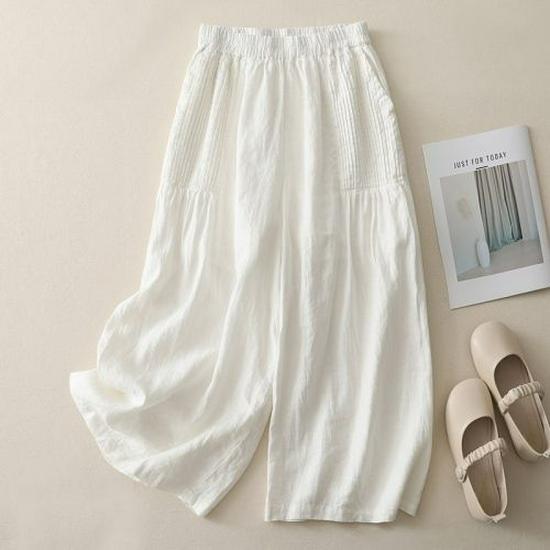 

Women s Retro Pleated Cotton-Linen High-Waist Wide-Leg Skirt Pants M (80-105 jin) белый