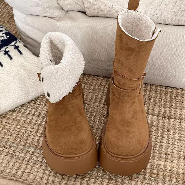 Winter Platform Thick Bottom Women Fur Snow Boots Outdoor Comfort Keep Warm Shoes Ladies Belt Buckle Short Botas Para Mujer
