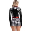 Womens Contrast Racer Romper Long Sleeve Bodysuit Boyshorts Checkerboard Print Driver Jumpsuit Halloween Party Costume