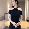 Women Black Halter Neck Cold Shoulder Short Sleeve Slim Top