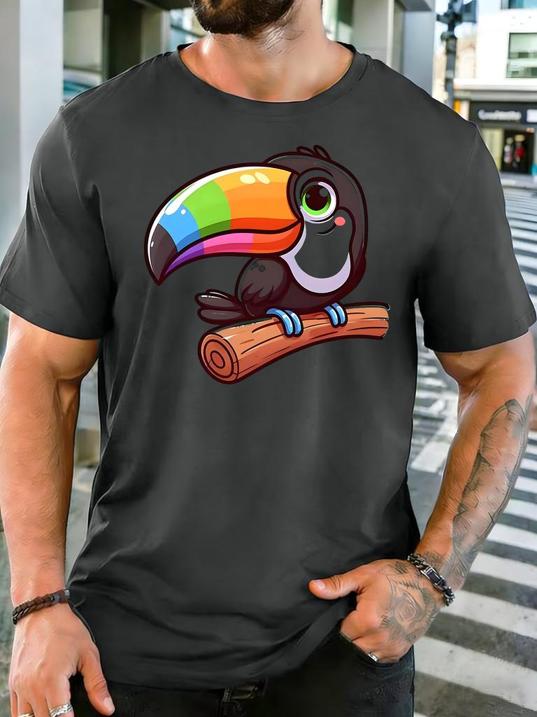 Unisex Soft Cotton Crew Neck Tee Cute Cartoon Rainbow Beak Toucan Perched On Branch Print Loose Animal Tropical Daily Holiday Tops