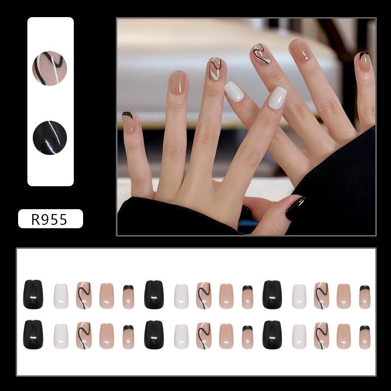 

Simple black and white irregular lines French style daily commuting fake nails removable wearable nails 24 pieces