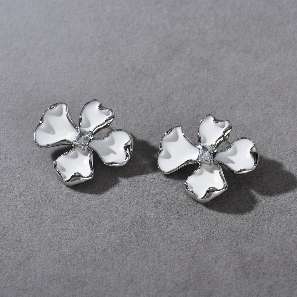 Niche Fashion Copper-Plated Platinum Drop Glaze Flower Inlaid Geometry Square Zircon S925 Silver Needle Stud Earrings Women