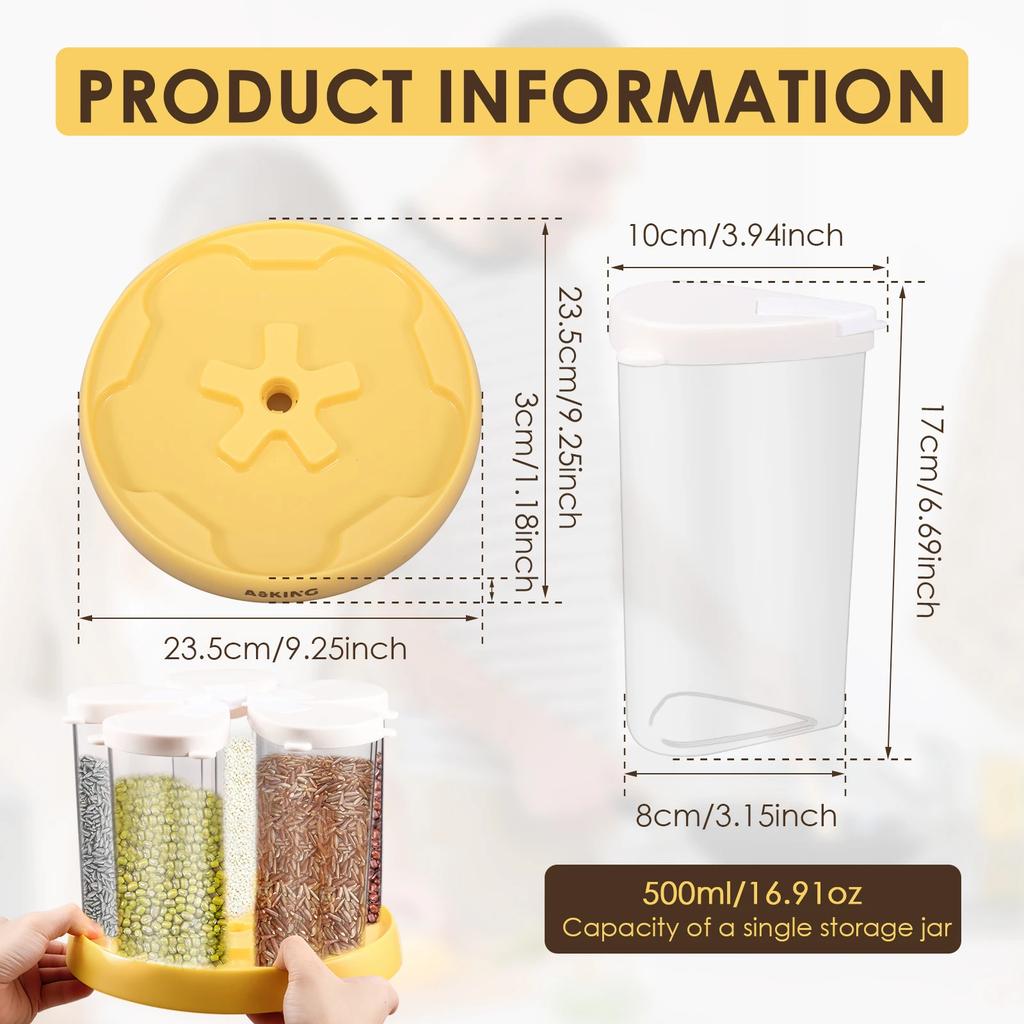 5 Grid Food Grain Storage Container Plastic Kitchen Storage Containers with 360 ° Rotating Base Transparent Grain Rice Dispenser