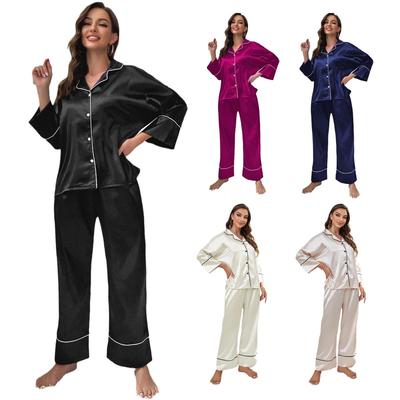 Women's Ice Silk Pajama Set: Long Sleeve, Solid Color, Two-Piece for Autumn/Winter