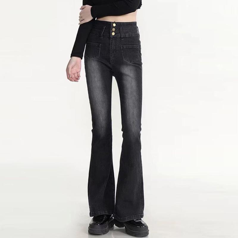 

Women s Black & Grey Micro-Flare Jeans, Button-Up, High Waist, Slim Straight Leg, Elastic Horseshoe Flare. M серый/чёрный