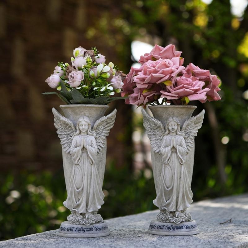 Cemetery Vases Praying Angel Sculpture Ornament Resins Outdoor Decors Flower Holder Pot For Memorial Garden Grave Site
