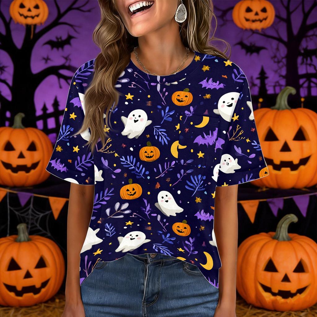 Women's Casual Short Sleeve Pullover Top Halloween Print Round Neck Pocket Loose Fit Lightweight Shirt for Everyday Wear