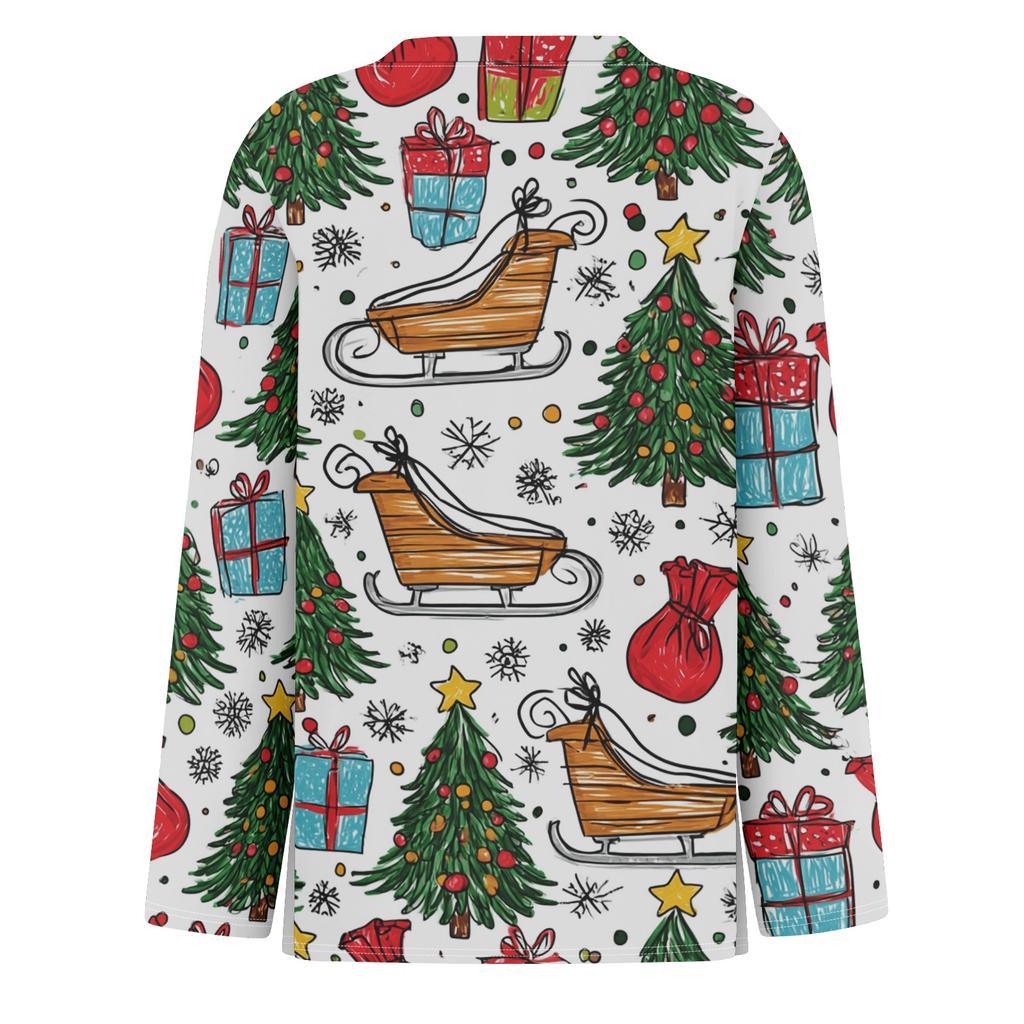 Women's Christmas Print Long Sleeve Top with Round Neck and Side Slit