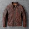 Men's Leather Jacket Vintage Red Brown Real Cow Leather CoatTurn Down Collar Spring Autumn