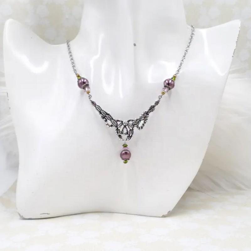 3 Pieces Vintage Floral Hollow Victorian Style Faux Pearl Metal Silver Color Multicolor Pendant Earrings Necklace Set 50+5cm