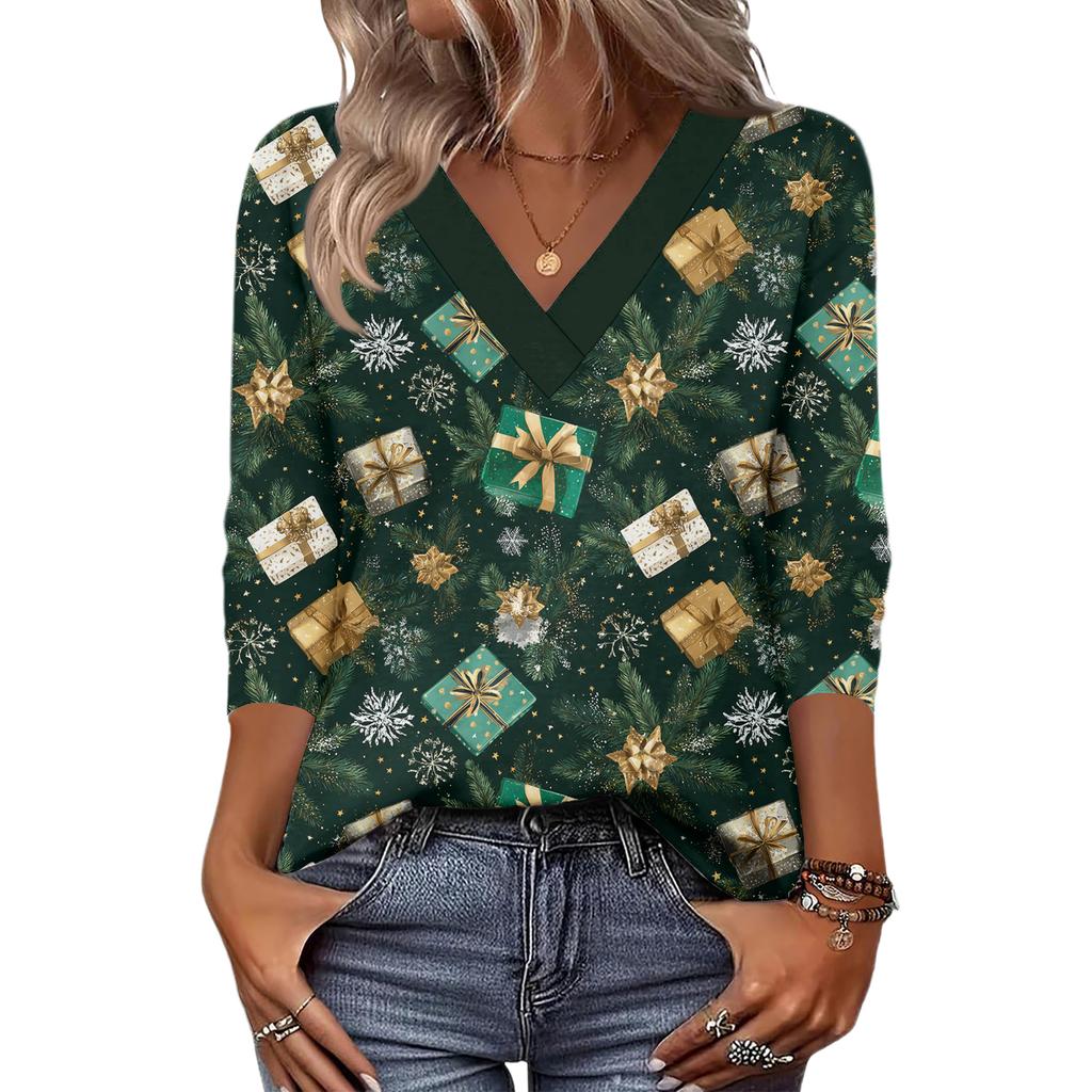 Women's Loose Comfortable Casual Fashion V-Neck Christmas Print 3/4 Sleeve Top