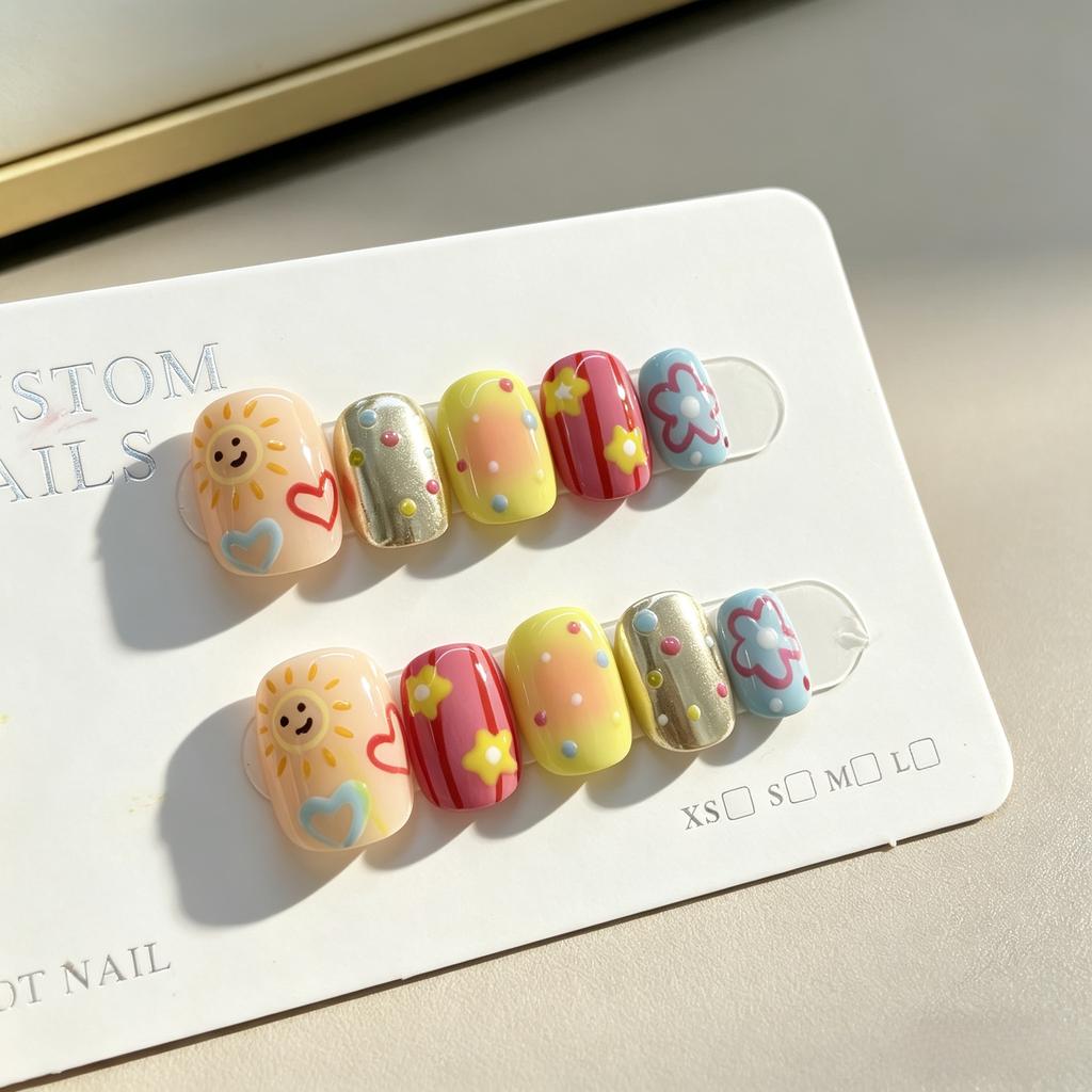 10Pcs Handmade Sunflower Press On Nails Short Oval Colorful Polka Dots Stars Fake Nail Art For Women And Girls