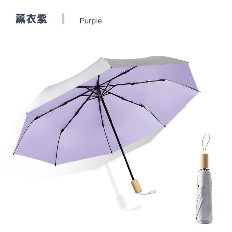 Solid color wooden handle three-fold umbrella wholesale 8-bone silver glue sun protection and UV protection folding umbrella manual umbrella