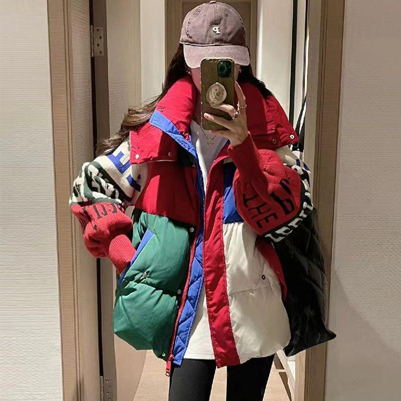 Women's Winter Cotton Coat - Color Block Hooded Jacket with Knitted Sleeves and Letter Design