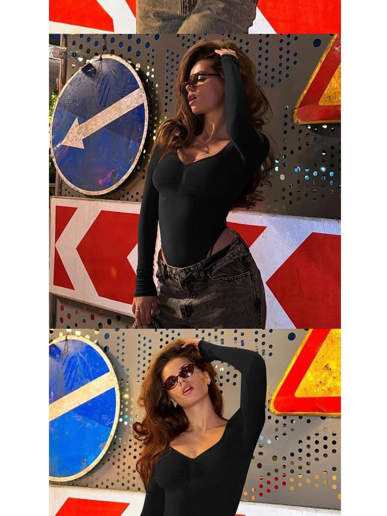 Women's European & American Slimming Low-Cut U-Neck Jumpsuit - Elastic Autumn/Winter Base Layer