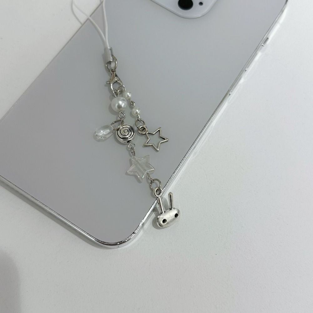 Hanging Rope Y2k Cell Phone Chain Sweet Girl Beaded Keychain Cyber Bunny Phone Charm  Bag Charm