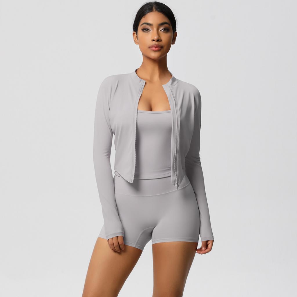 High Waisted Tight Fitting Sandblasting Yoga Suit, Naked Sensation Quick Drying Fitness Set, Outdoor Leisure Running Three Piece Set For Women