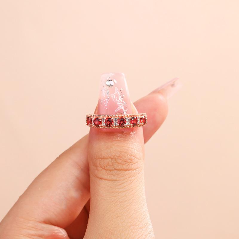 Imitation Natural Garnet Ring Women'S Rose Gold Plated Row Diamond Inlaid 3Mm Light Luxury Row Ring