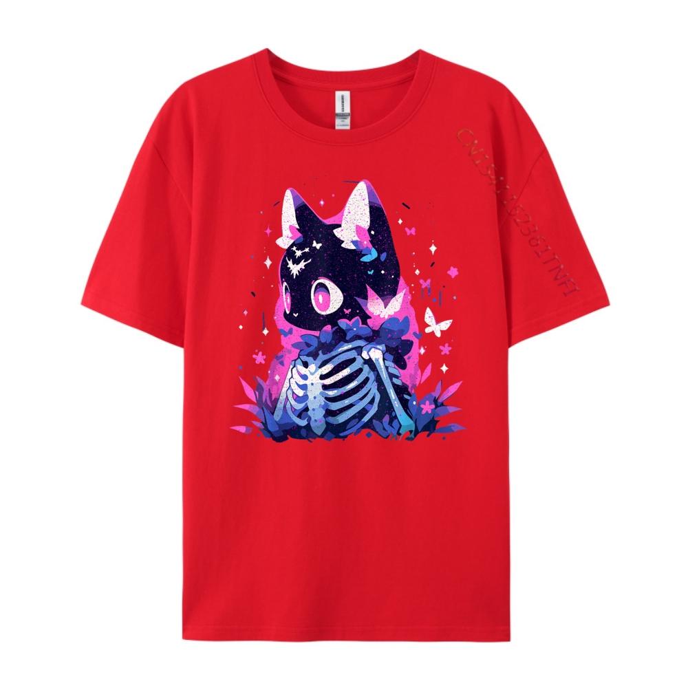 Cute Goth Skeleton Cat Anime Pastel Aesthetics Kitten Lovers Green And White Graphic T Shirt TShirt Camisa Hip Hop S