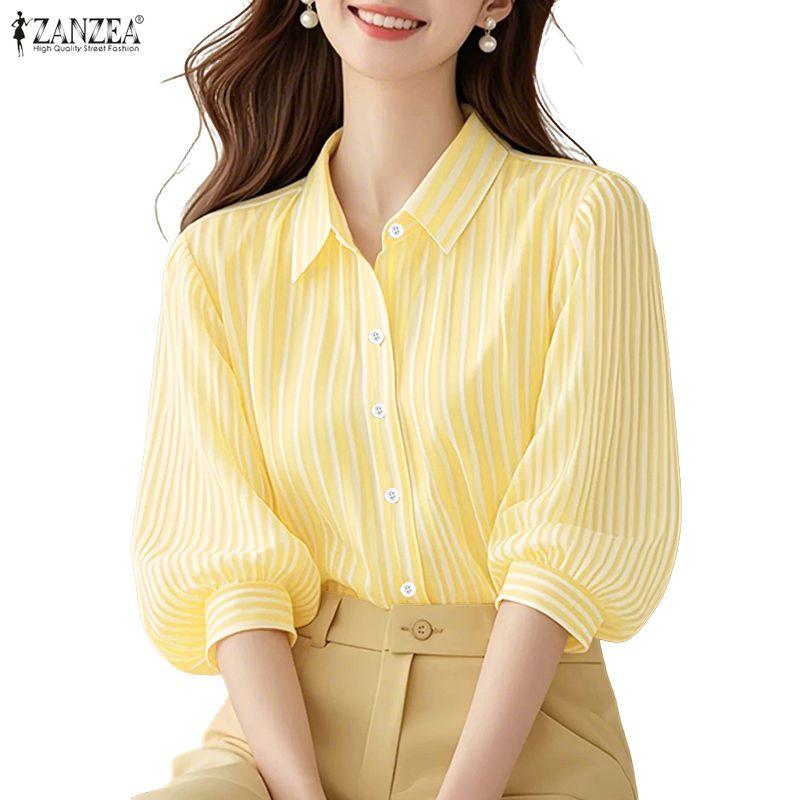 

ZANZEA Женская повседневная блузка в полоску с отложным воротником и рукавом 3/4 свободного кроя 4XL жёлтый