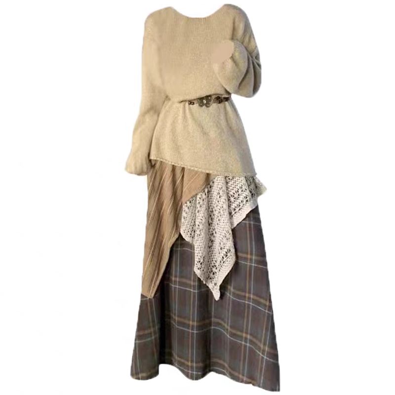 

100.00кг Этнический стиль Вязаный свитер Ретро Клетчатая пэчворк Легко сочетаемый Юбочный костюм Экспортный Оверсайз Женская одежда Belt 4XL