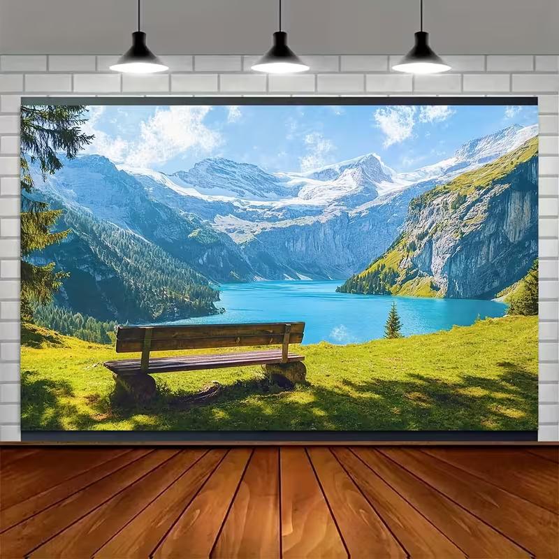 2D Flat Printing Swiss Alps Lake Tapestry, Mountain View with Bench Wall Decor