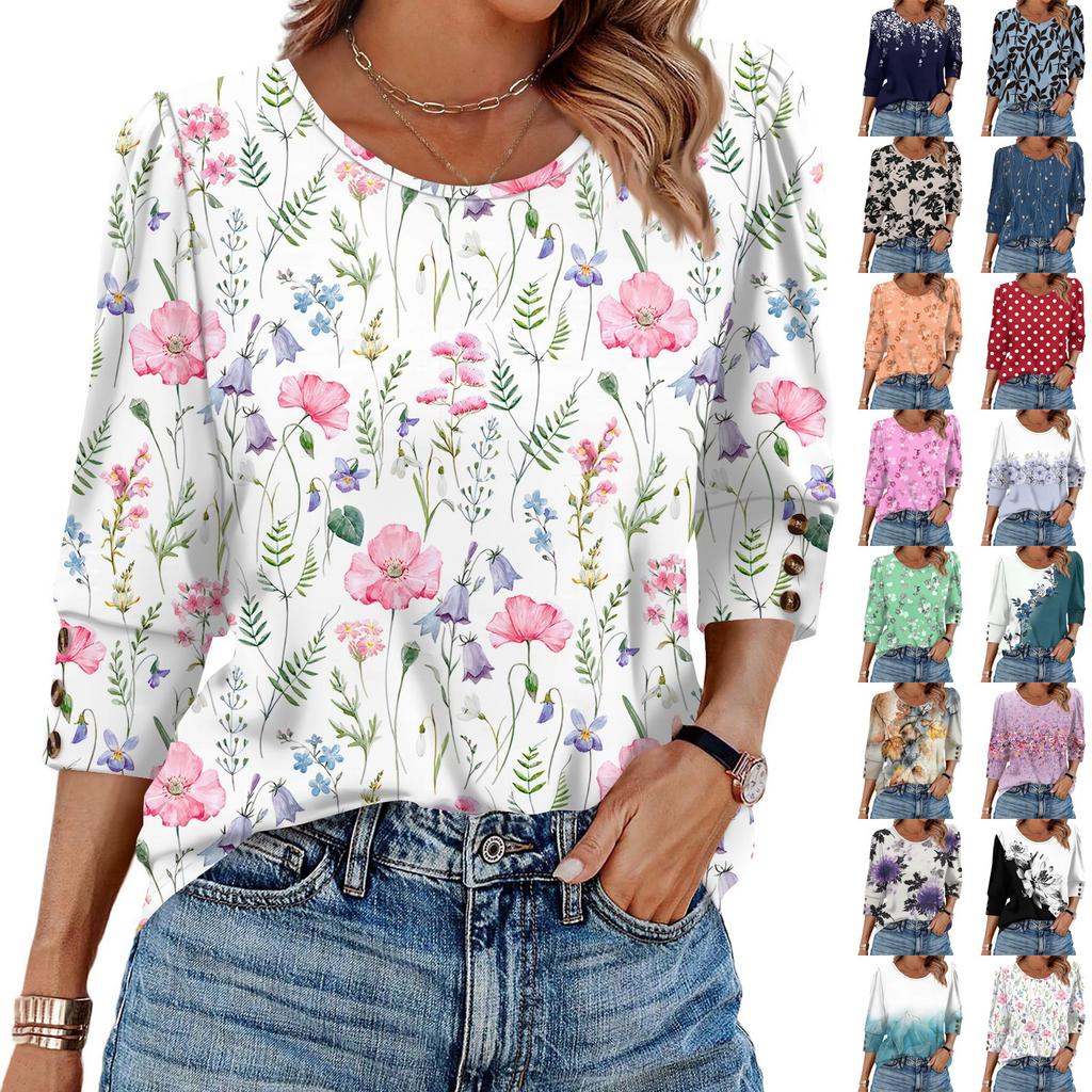 Women's Fashion Casual Vintage Floral Print Round Neck Sevenfold Sleeve T-shirt Top