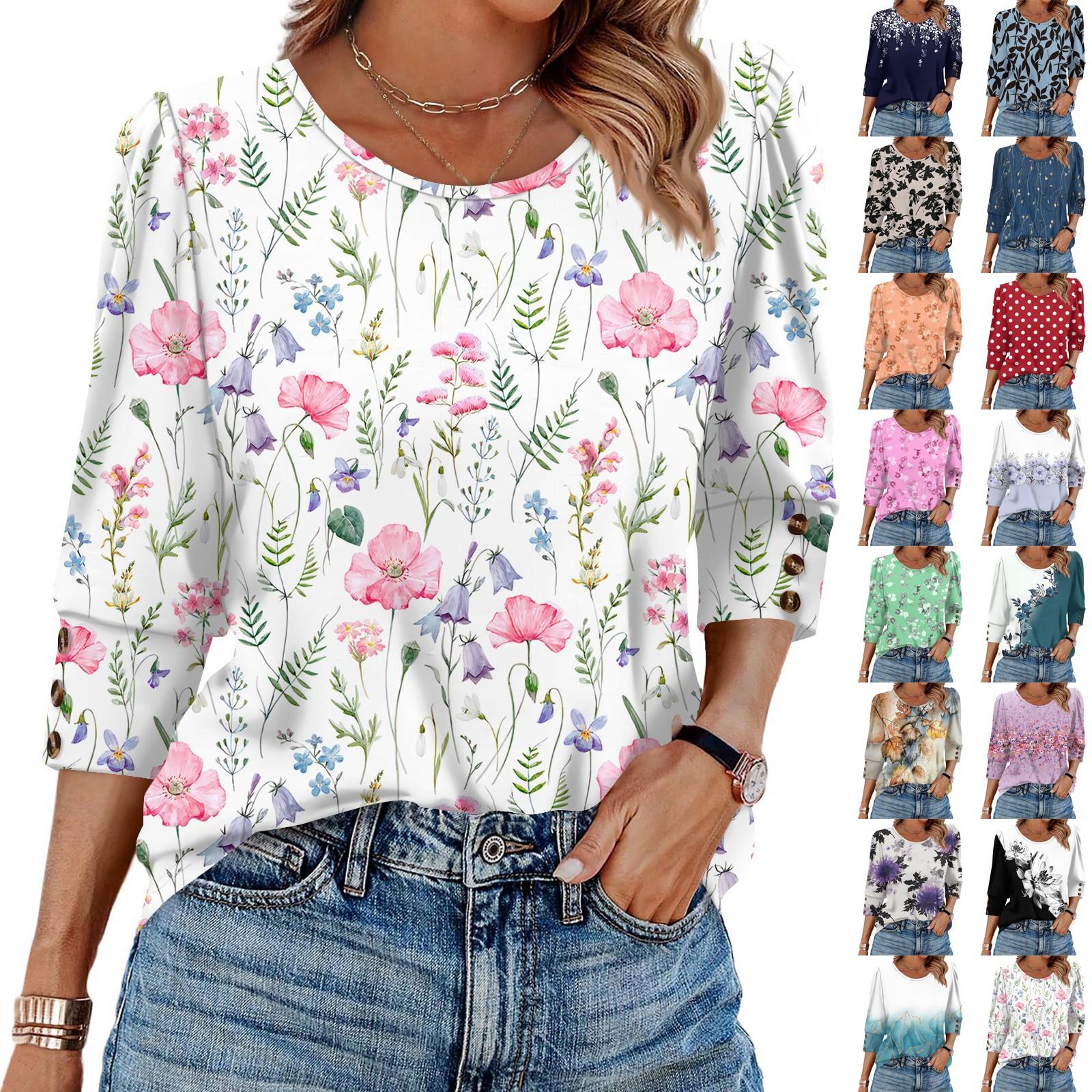 

Women s Fashion Casual Vintage Floral Print Round Neck Sevenfold Sleeve T-shirt Top M помаранчевий