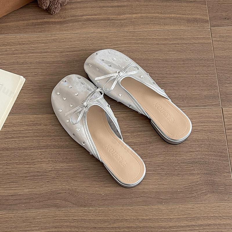 Fashion Thick Heeled Bow Rhinestone Design Mesh Breathable Half Slippers Women's Outdoor 2025 Summer Korean Version Lightweight Sandals
