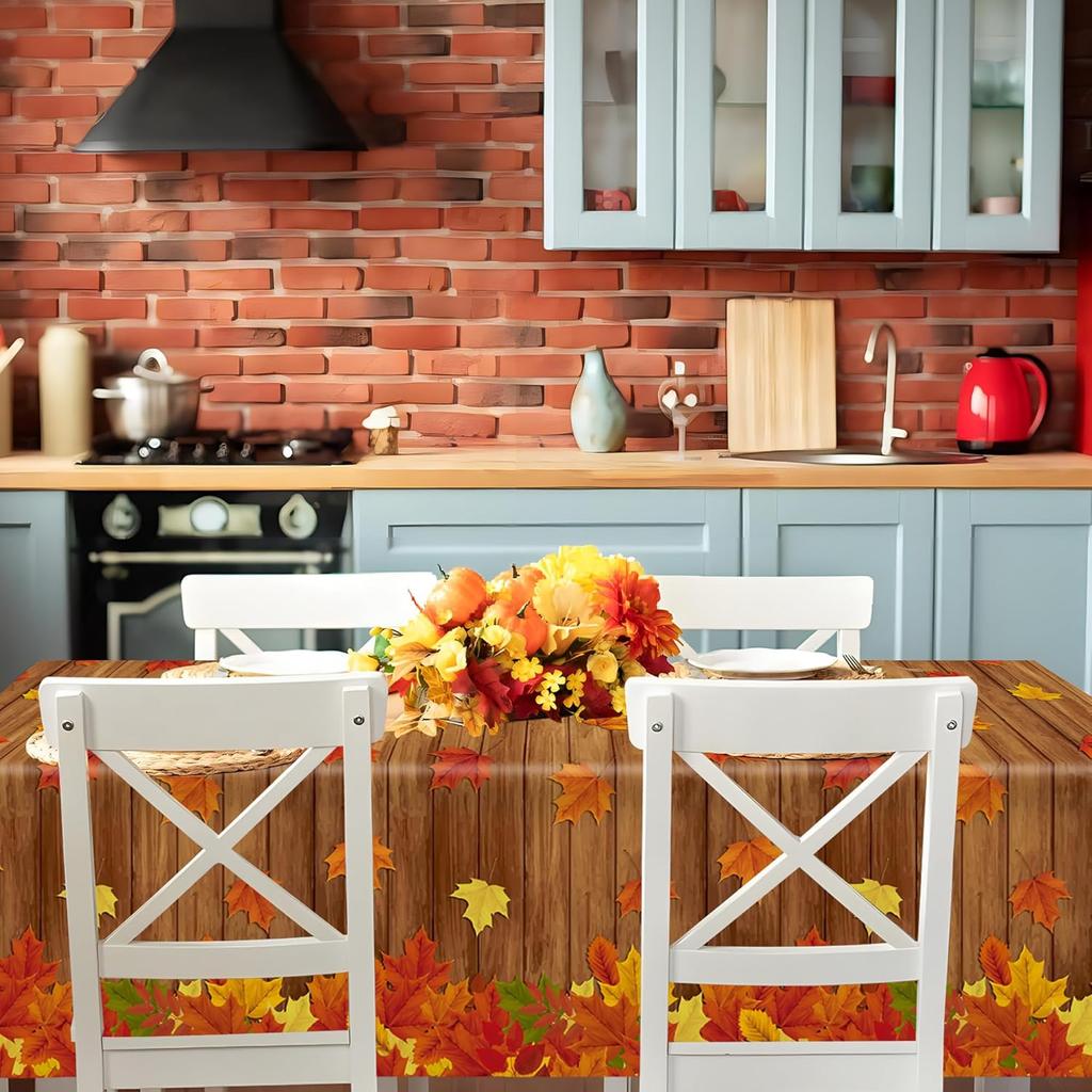 2 PCS Fall Plastic Tablecloth Disposable Maple Leaf Table Covers Thanksgiving Wood Grain Tablecloths for Autumn Harvest Party Farmhouse Table