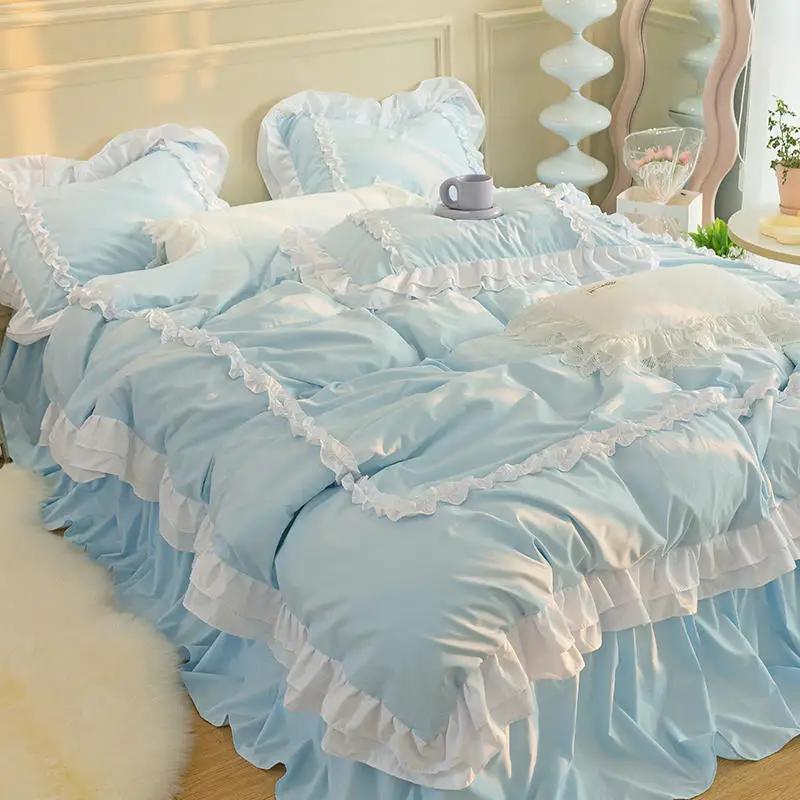Princess Ruffle Duvet Cover Set Bed Skirt Pillowcase Four Seasons 4pc Beddin Quilt Cover Sheet Double Bed Queen King