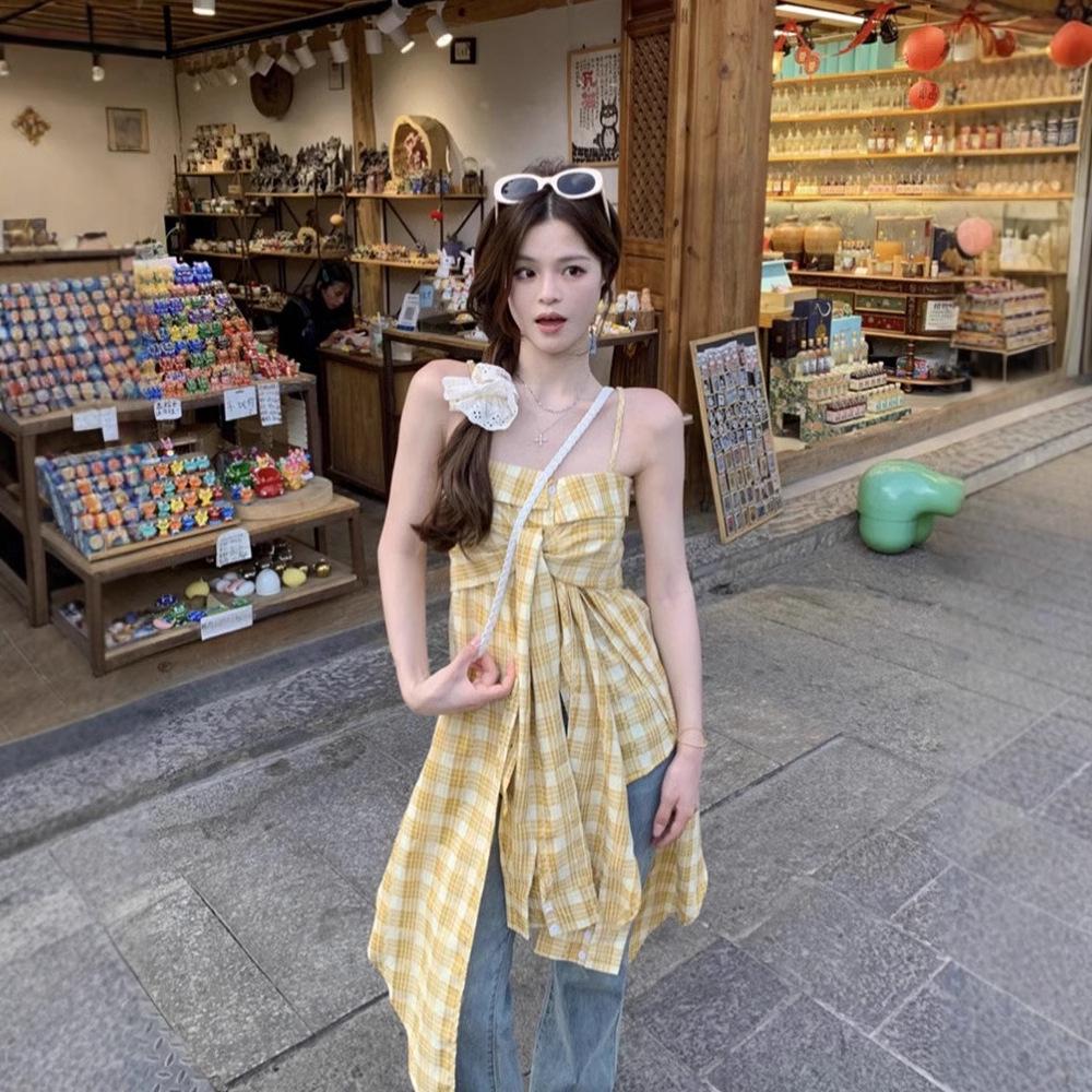 

Spicy Girl High-End Layered Yellow Plaid Off-Shoulder Camisole XL Premium
