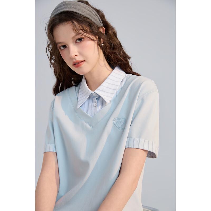 TonLion Damen Sommer Faux Zweiteiler Kurzarm Poloshirt
