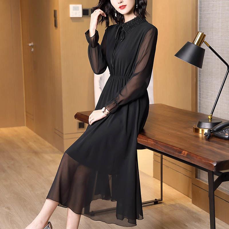 Spring Autumn Peter Pan Collar Beading Dresses Elegant A-Line Waist Women's Clothing Drawstring Commute Polka Dot Midi Dress New