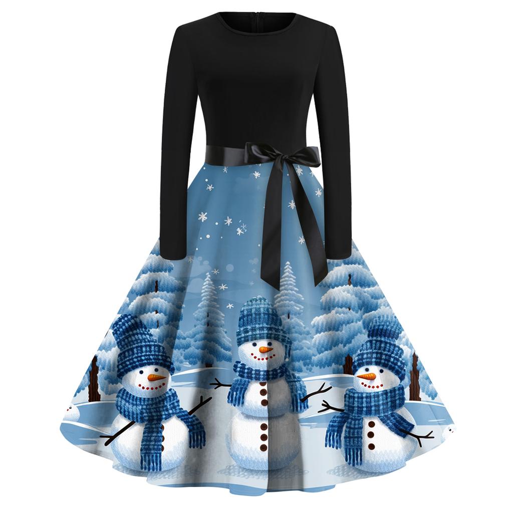 Women's Fashion Round Casual Slim Fit Christmas Print Large Swing Long Sleeve Dress