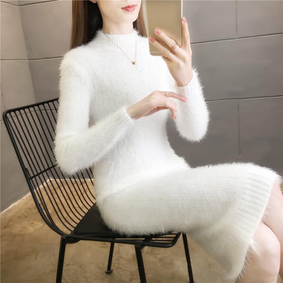 Abiti Semplici Autunno Inverno Donna Tinta Unita Scollo a O Ispessito Manica Lunga Slim Midi A-line Sacca Hip Vestito in Maglia