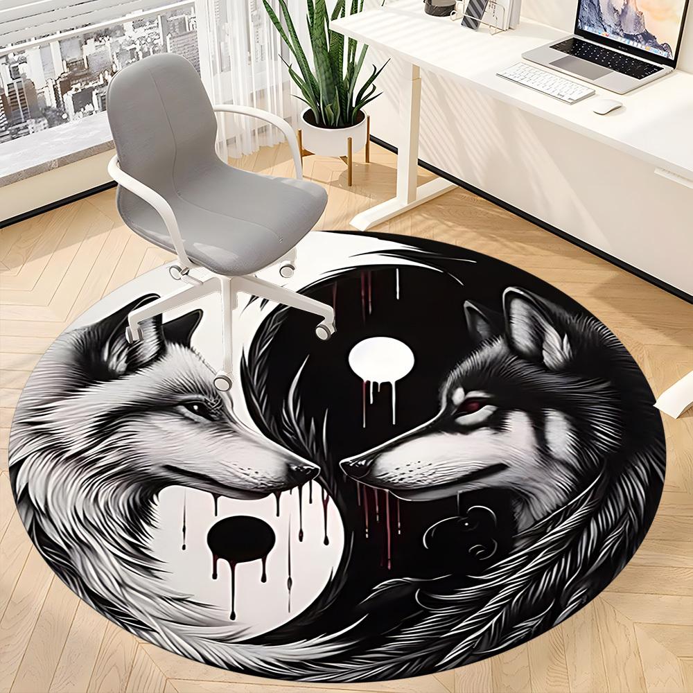 1pc Wolf YinYang Office Round Area Rug, Under Office Chairs Bedroom Living Room Home Decor, Room Deco